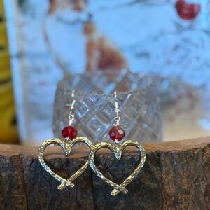 Elegant Silver Heart Earrings with Red Accents